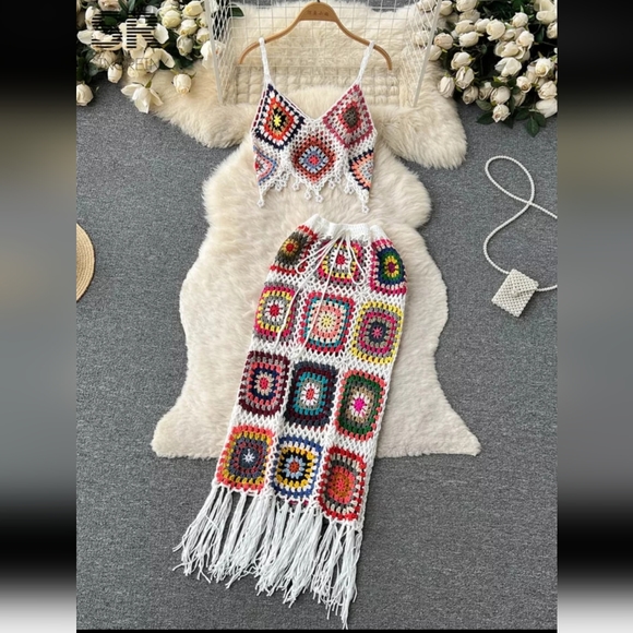 Gracy's Fashion Other - Boho Handmade crochet 2 pieces crop top and matching midi skirt